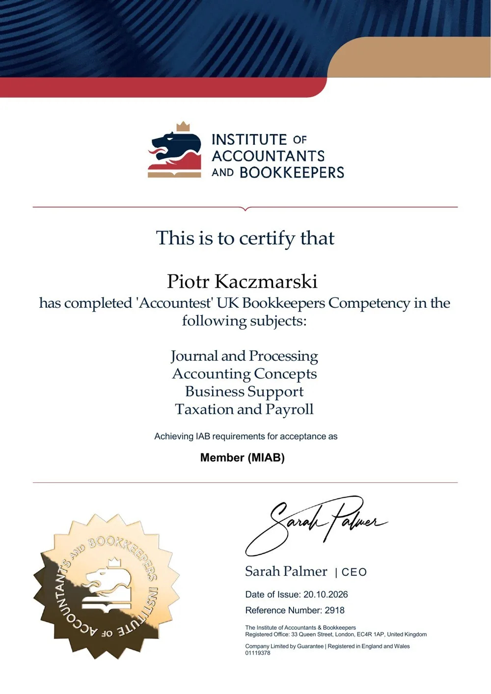 IAB Accountest certificate (UK Bookkeepers Competency) — Piotr Kaczmarski, ref. 2918, 20 Oct 2026