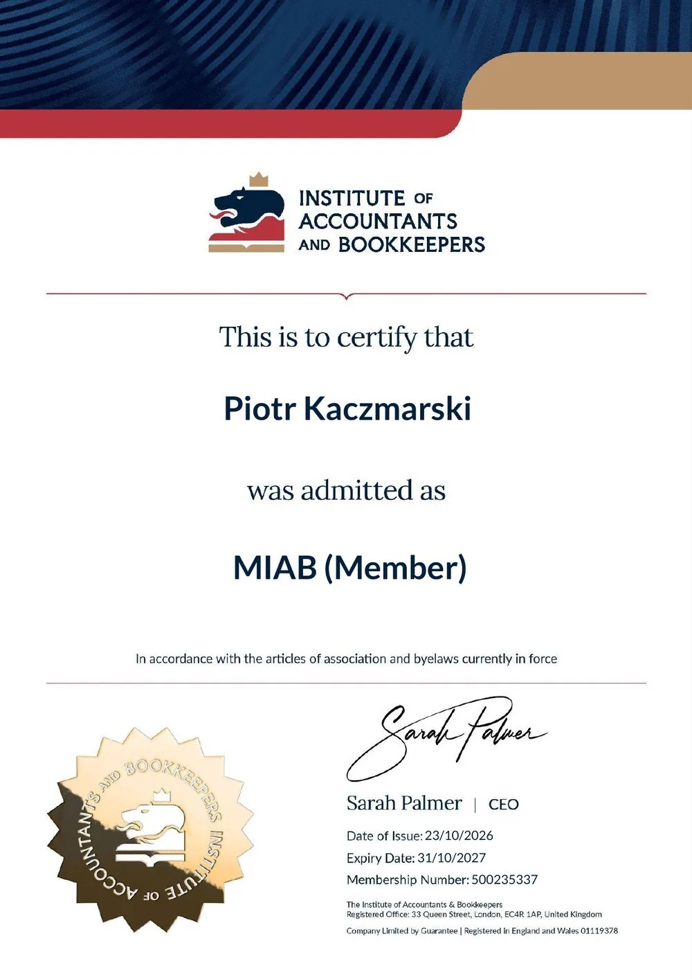 MIAB (Member) membership certificate, The Institute of Accountants & Bookkeepers — Piotr Kaczmarski, No. 500235337, issued 23 Oct 2026, valid to 31 Oct 2027